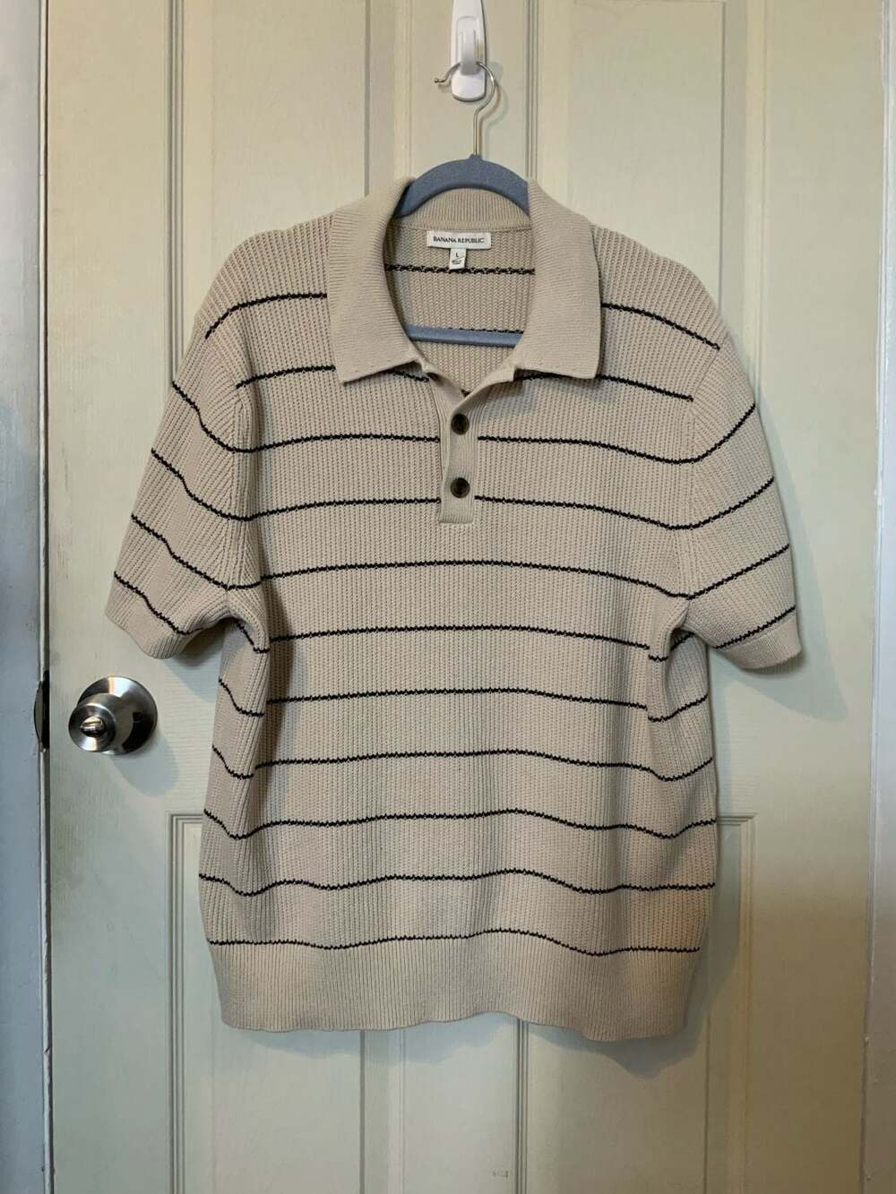 Banana Republic Men's Cream Striped Knit Polo Sweater
